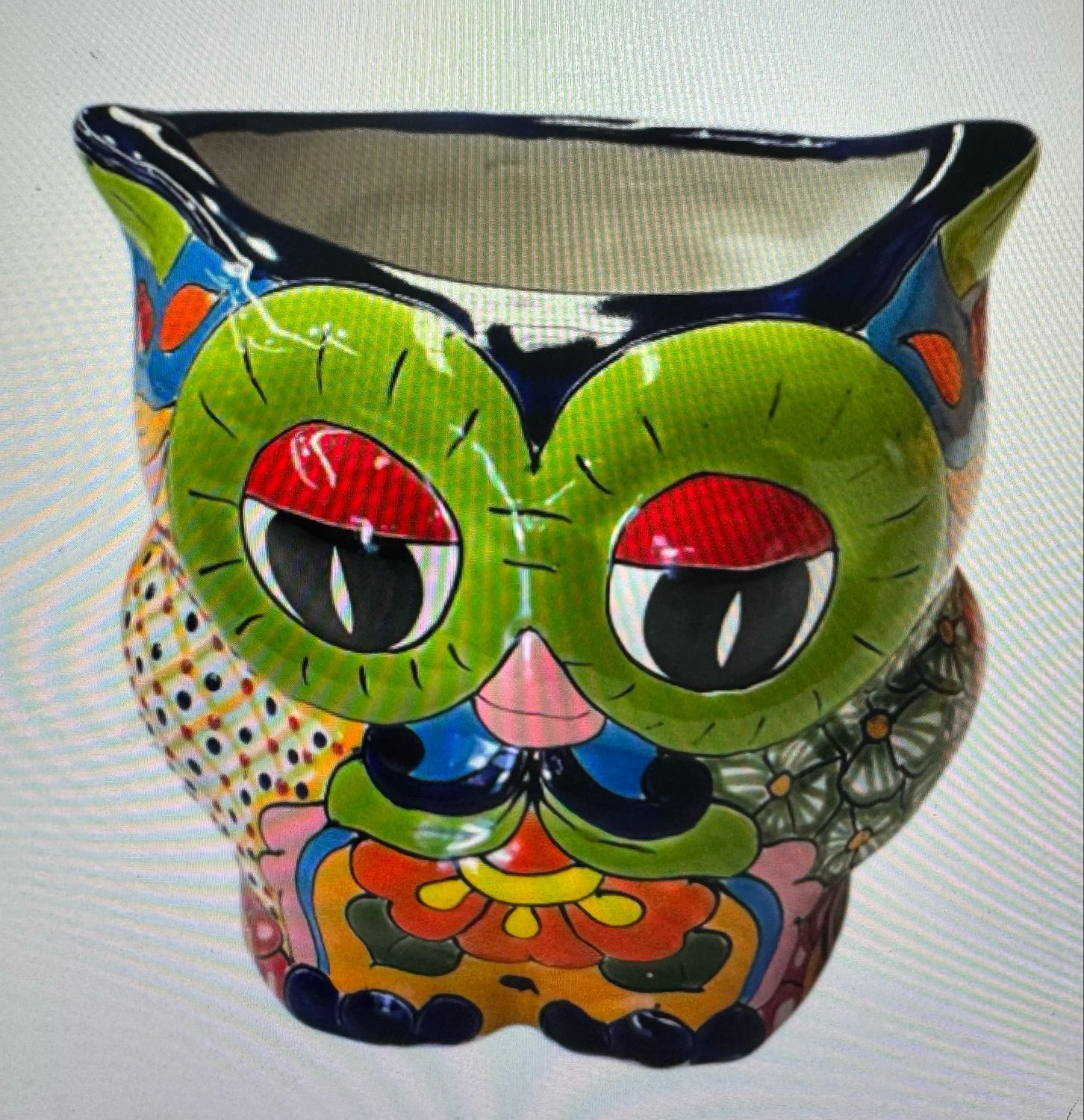Colourful Ceramic Owl Planter With Large Eyes and a Floral Pattern — Mexican Homewares Australia in Brisbane, QLD