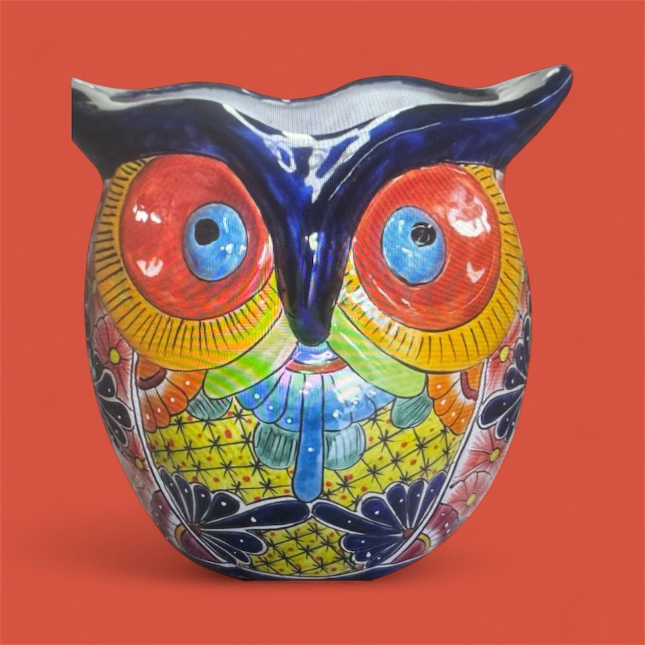 Colourful Ceramic Owl Vase With Large Eyes, a Blue Face — Mexican Homewares Australia in Cairns, QLD