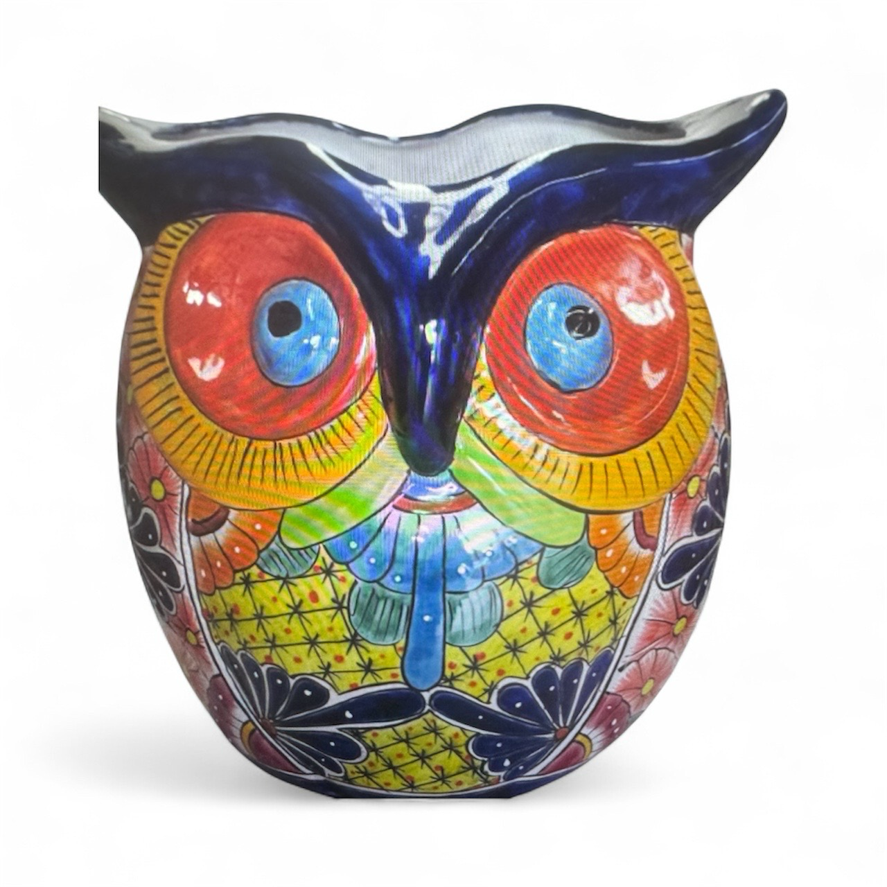Colourful Ceramic Owl Vase With Large Red Eyes and Blue Accents — Mexican Homewares Australia in Cairns, QLD