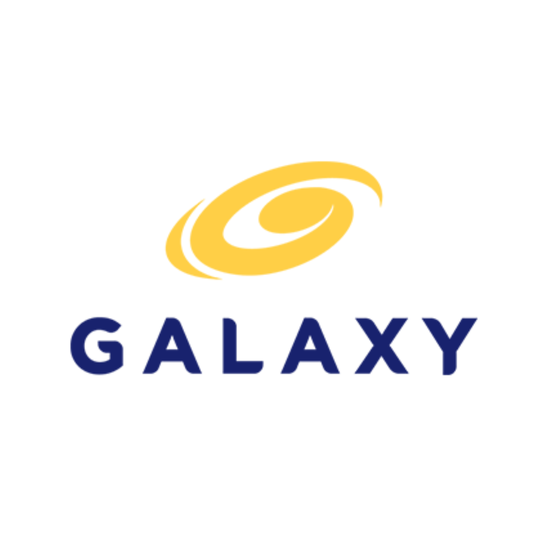 A blue and yellow logo for galaxy with a yellow swirl with a link to galaxy banquet center.com