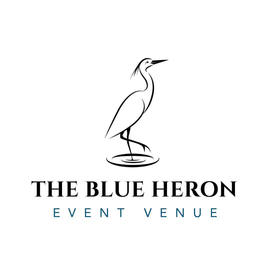 A black and white logo for the blue heron event venue & a link to blue heron medina.com
