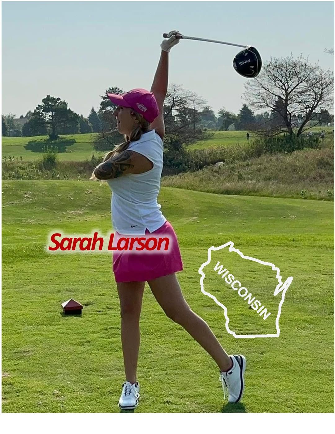 Sarah Larson swings a golf club at a course in Wisconsin, wearing a pink cap and skirt.