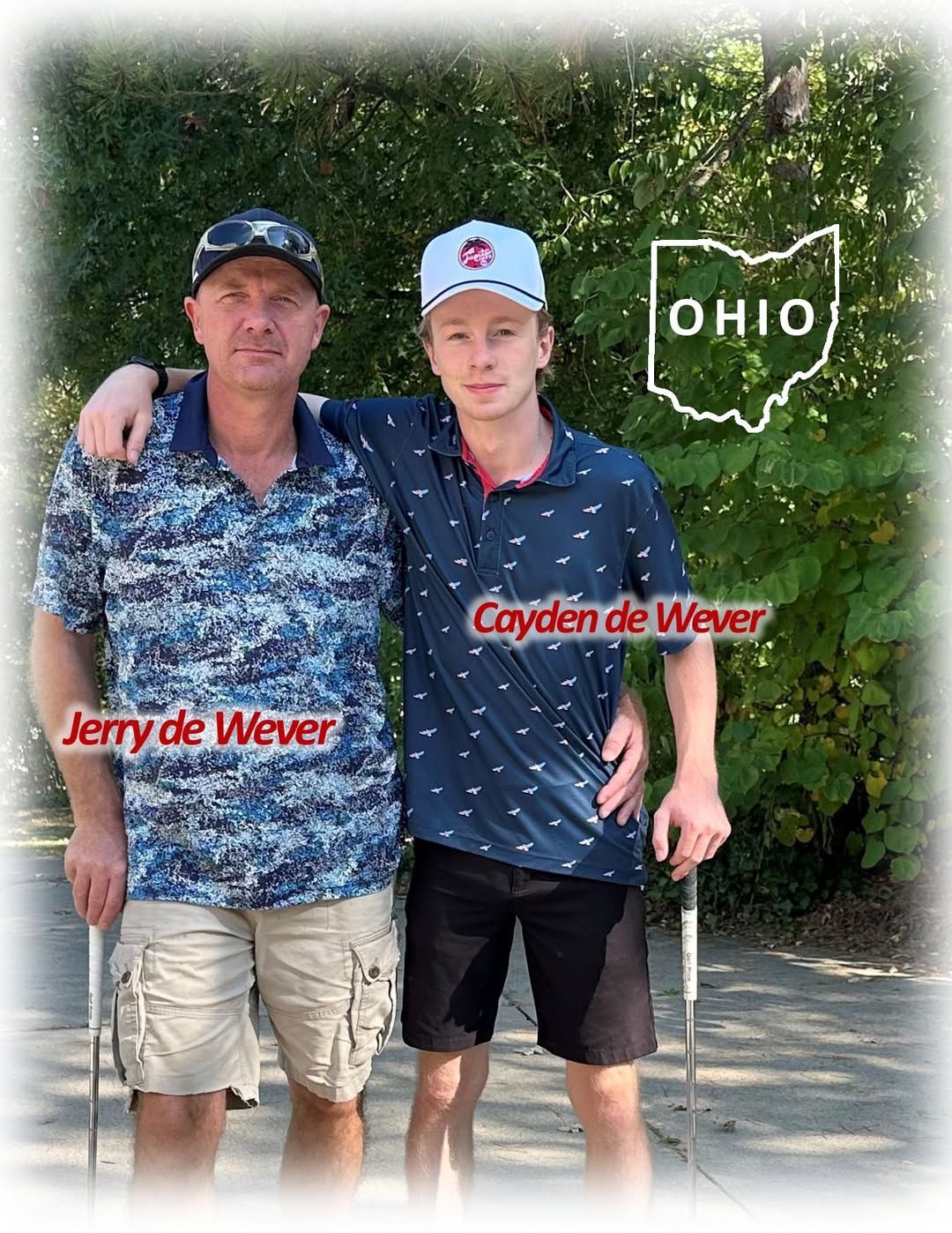 Father and son, Jerry and Cayden de Wever, in Ohio with golf clubs.