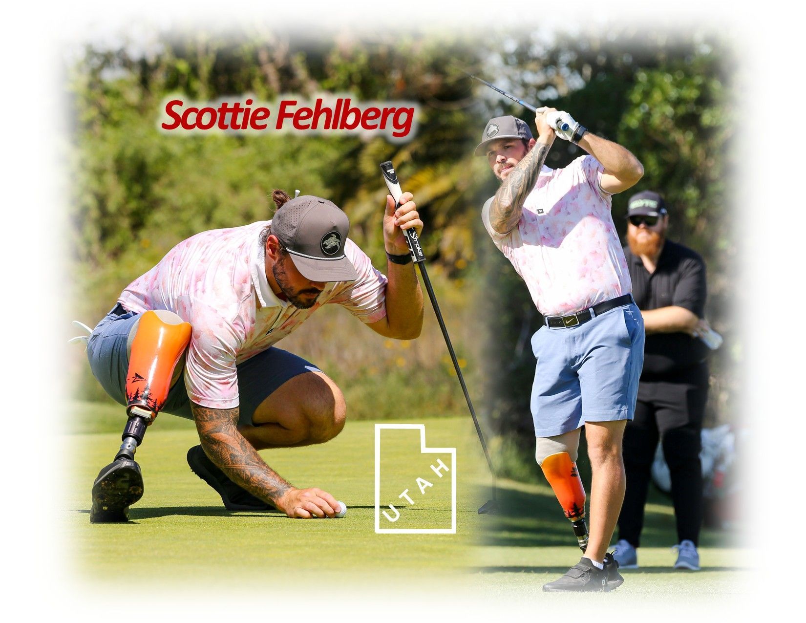 Scottie Fehlberg, Utah golfer with prosthetic leg, golfing on a green, smiling.