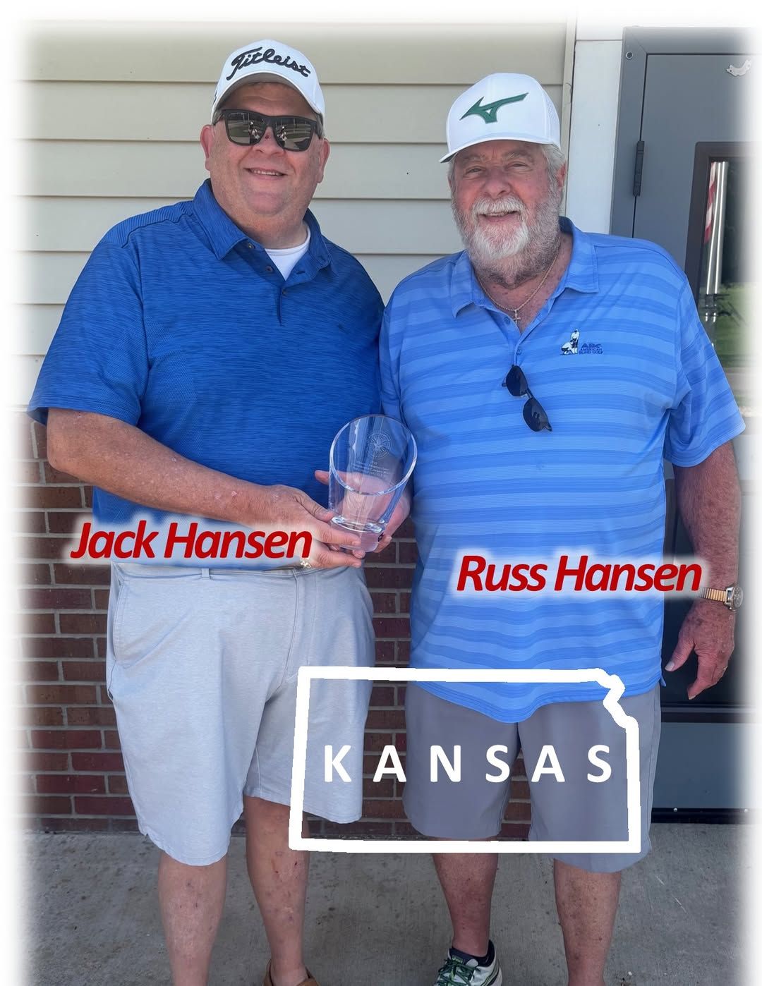 Two men in Kansas, Jack & Russ Hansen, pose with a trophy after golfing.