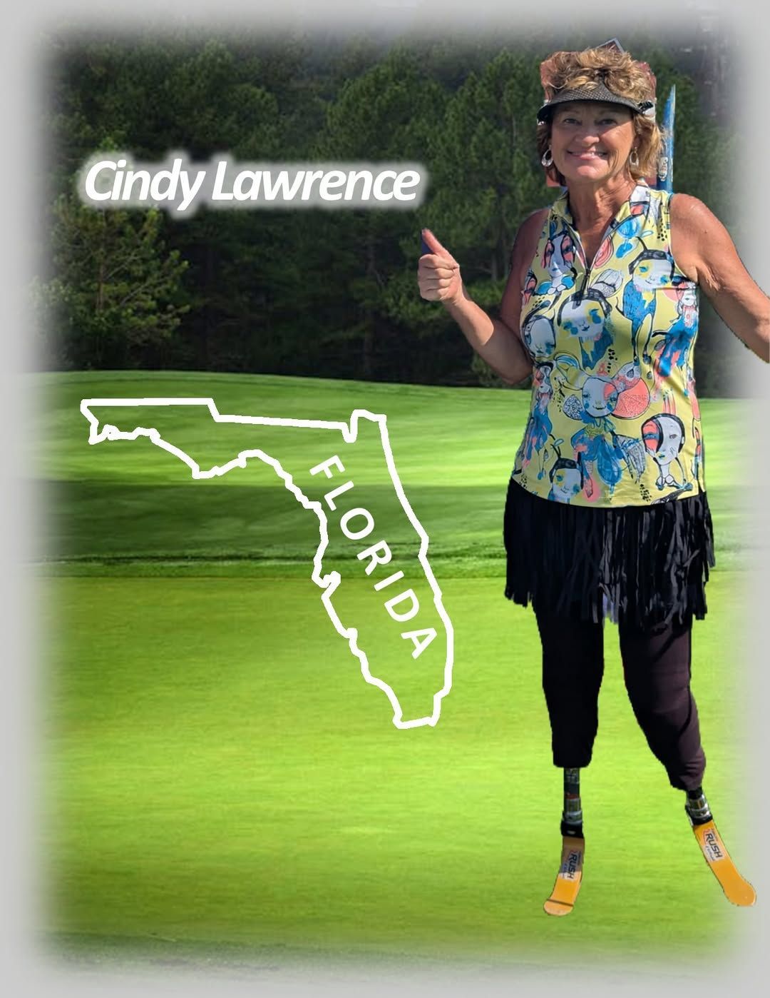 Cindy Lawrence, standing on a golf course in Florida, giving a thumbs-up, has prosthetic legs.