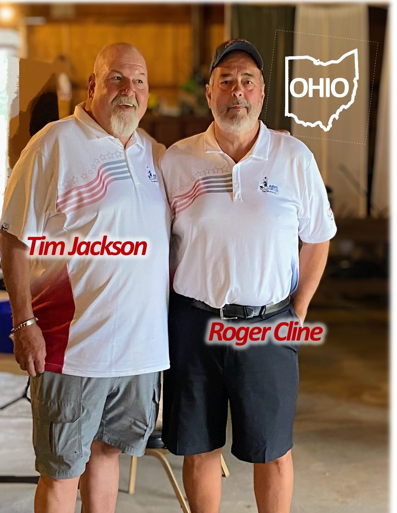Two men in Ohio. Tim Jackson and Roger Cline wearing matching polo shirts, posing.