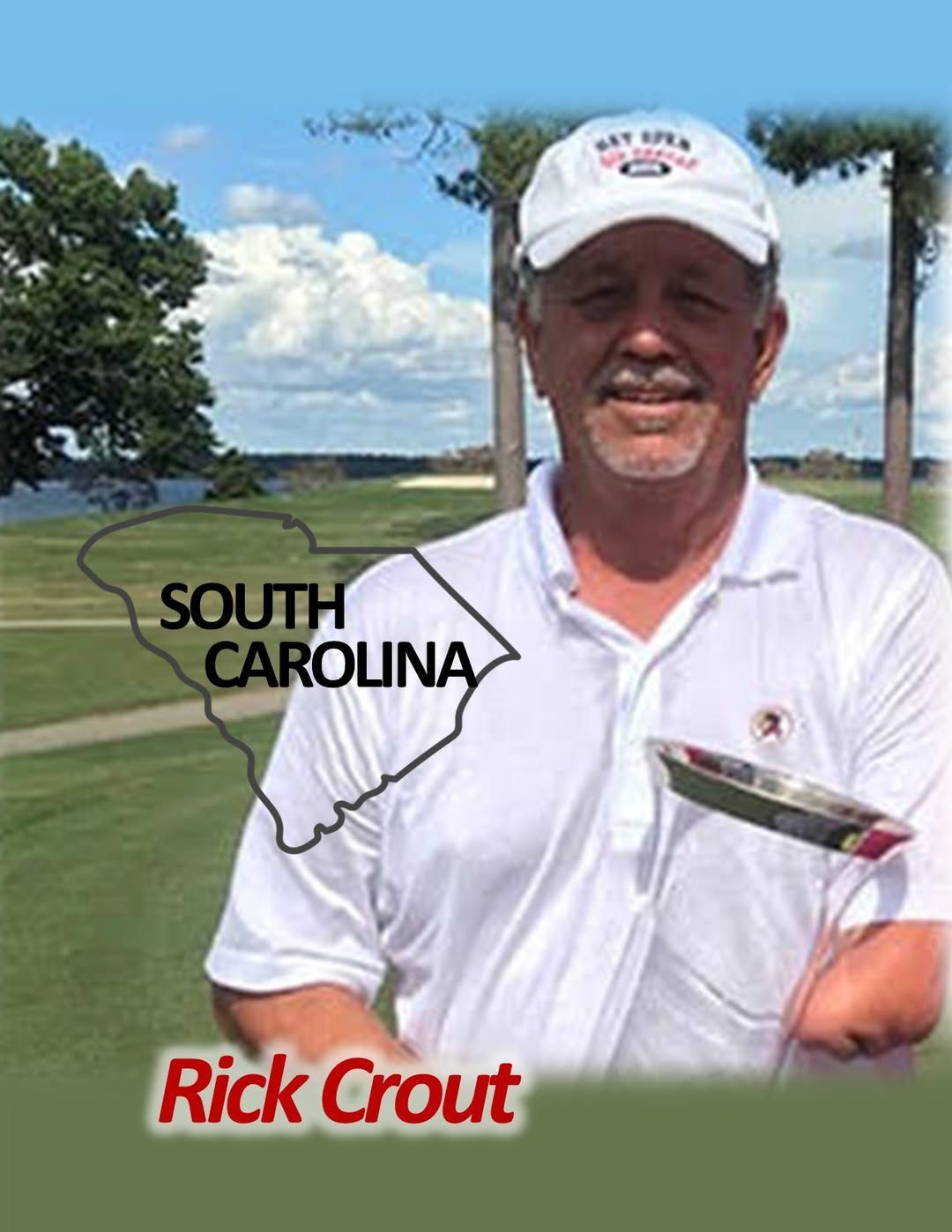 Man in white golf attire stands on a golf course in South Carolina, holding a putter.