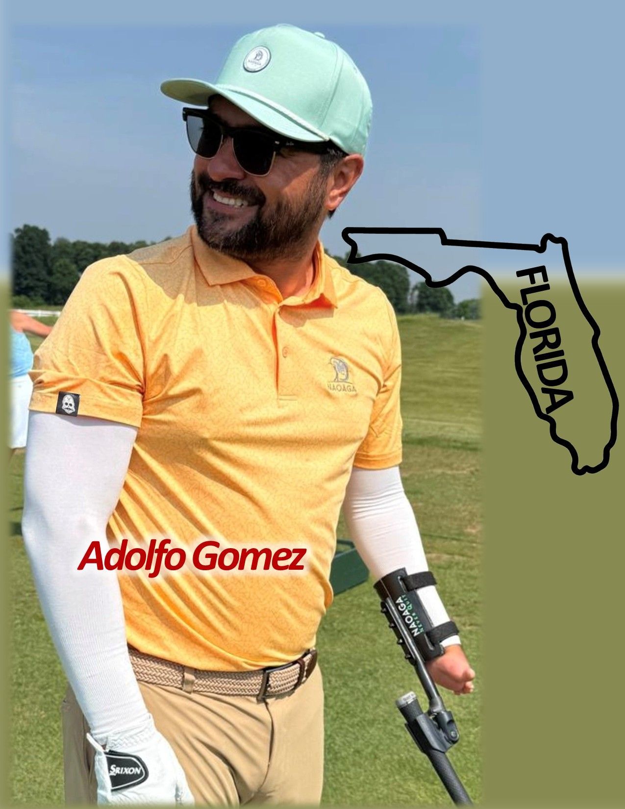 Golfer Adolfo Gomez in Florida, wearing a yellow shirt, mint green hat, and arm brace.