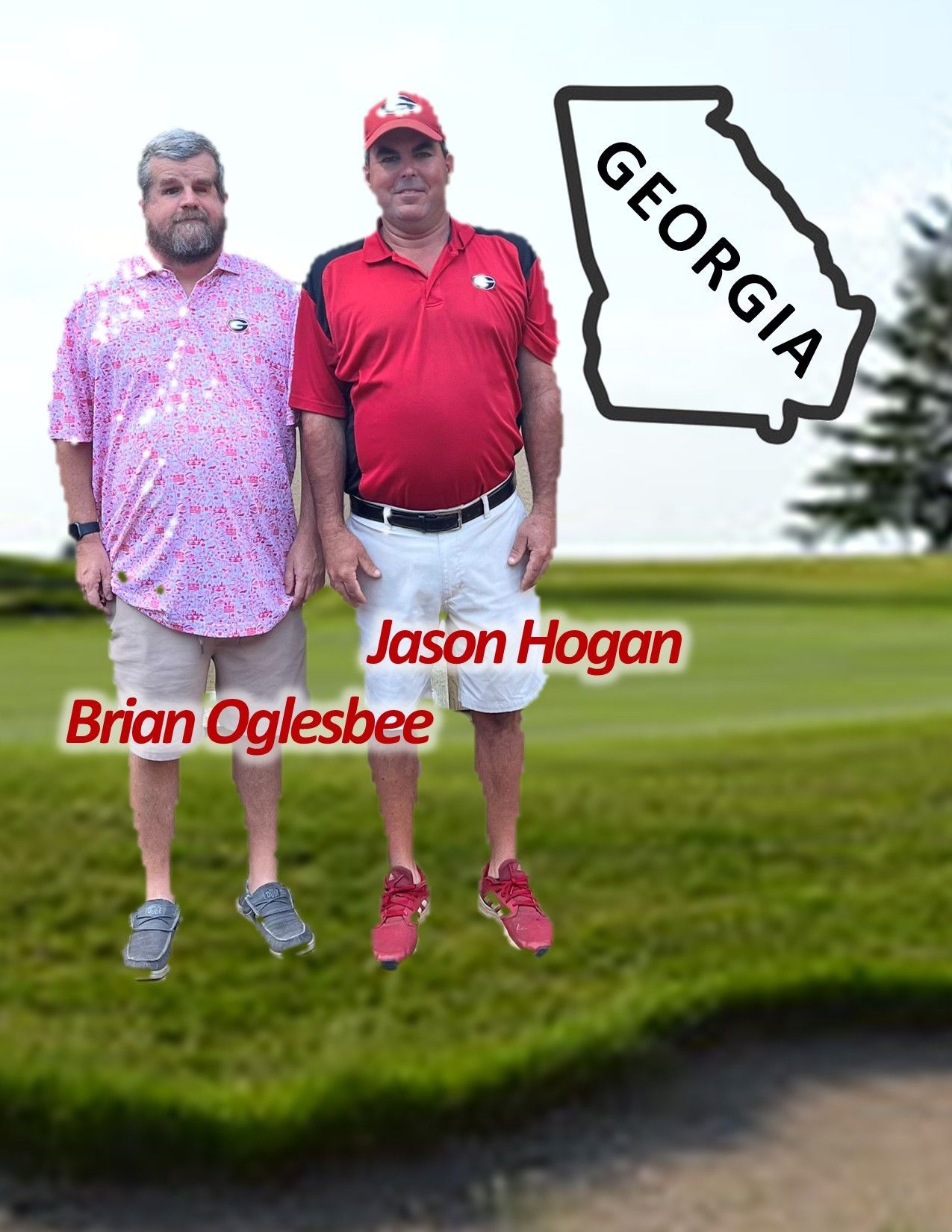 Two men on a golf course in Georgia. One in pink shirt, the other in red. Georgia outline graphic nearby.