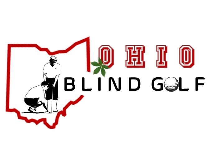 A logo for Ohio blind golf featuring a blind man putting with a map of ohio in the background