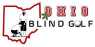 A logo for Ohio blind golf featuring a blind man putting with a map of ohio in the background