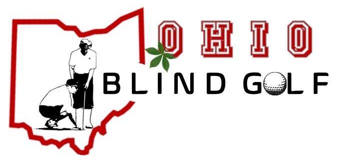 A logo for Ohio blind golf featuring a blind man putting with a map of ohio in the background