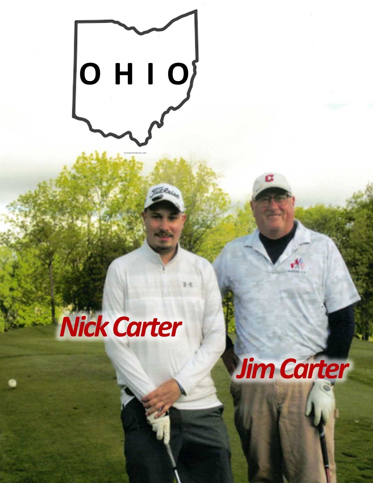 Two men, Nick and Jim Carter, stand on a golf course in Ohio, map of Ohio in the background.