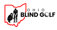 A logo for Ohio blind golf featuring a blind man putting with a map of ohio in the background