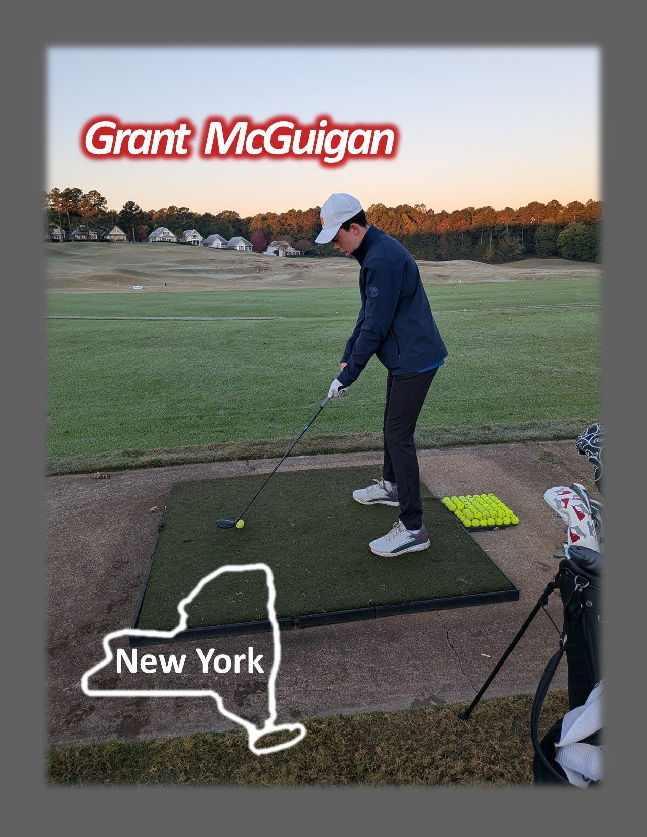 Grant McGuigan wearing a white cap and dark jacket practices on a turf mat with a New York outline and the name Grant McGuigan.