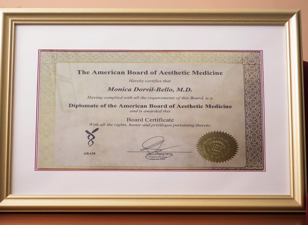 Framed diploma: American Board of Aesthetic Medicine.