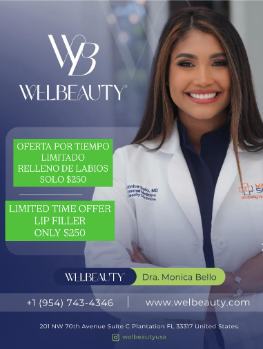 Advertisement for lip filler with a doctor. The ad is blue and green, and shows a smiling woman in a lab coat.