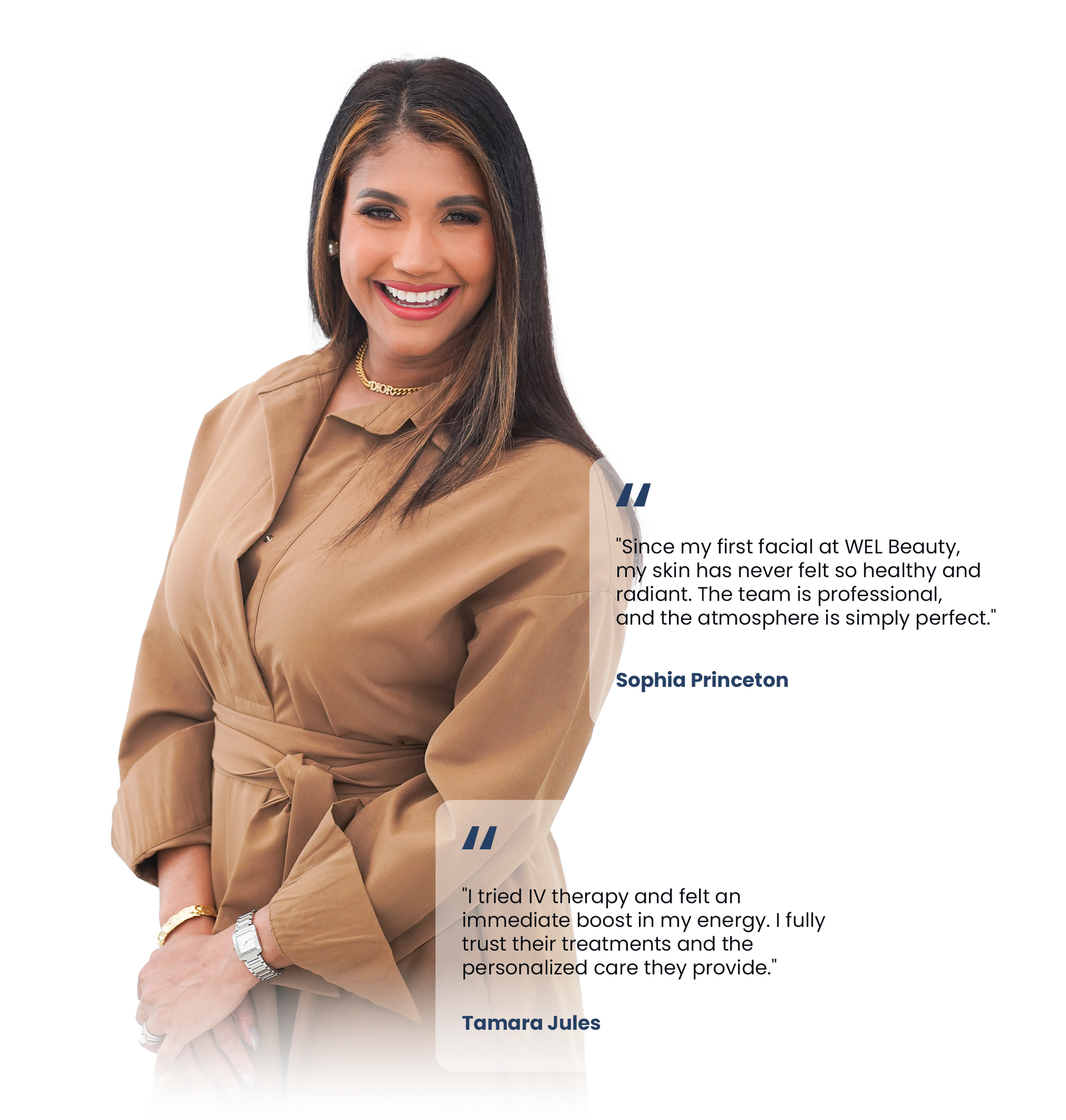 Woman smiling in a brown coat. Quotes about healthy skin and personalized care from clients.