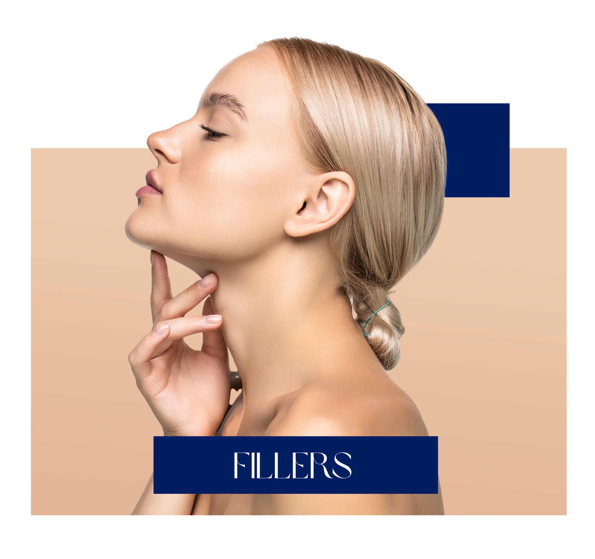 Woman touching her neck, promoting fillers. Dark blue text on bottom.