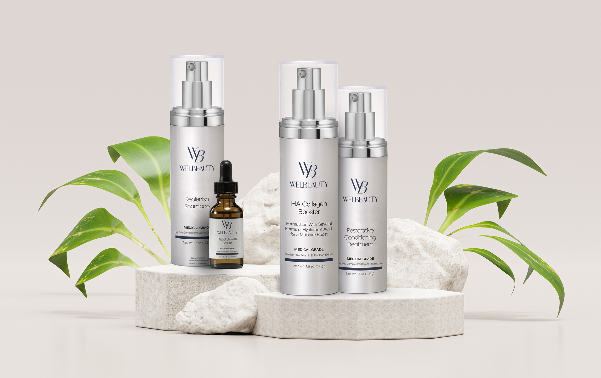 Skincare products arranged on a stone block with green leaves, against a neutral background.