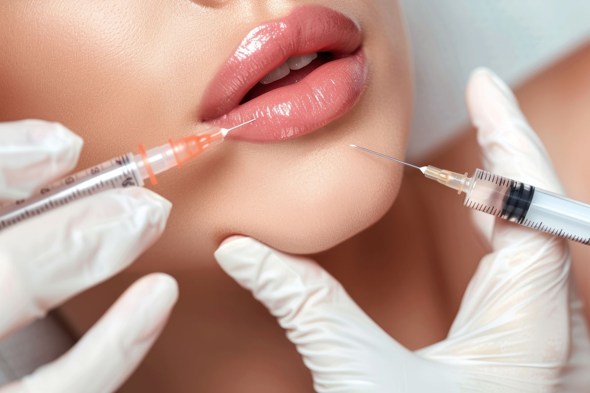 Hands in white gloves injecting lip filler into a person's upper and lower lips.