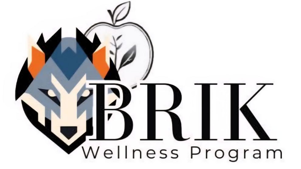 Logo for BRIK Wellness Program: wolf head, apple, and text.