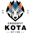 Logo for CrossFit Kota: geometric wolf head, text "CROSSFIT KOTA", and "SF | SD" with "EST 2023" on sides.