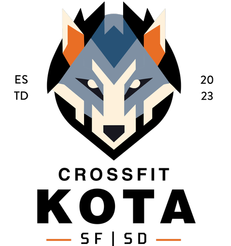 Logo for CrossFit Kota: geometric wolf head, text "CROSSFIT KOTA", and "SF | SD" with "EST 2023" on sides.