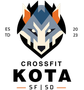 Logo for CrossFit Kota: geometric wolf head, text "CROSSFIT KOTA", and "SF | SD" with "EST 2023" on sides.