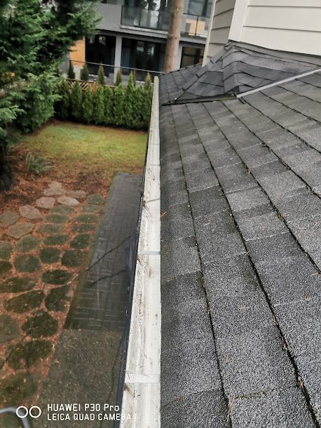 A gutter is sitting on top of a roof next to a garden.
