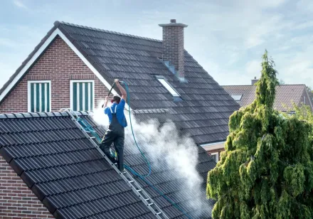 An aerial view of a group of people working on a roof.