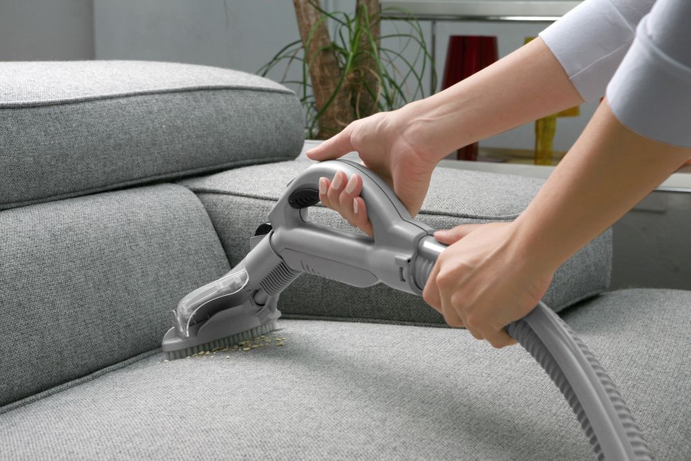 Person Vacuuming a Gray Sofa — Cairns Local Cleaning Services in Gordonvale, QLD