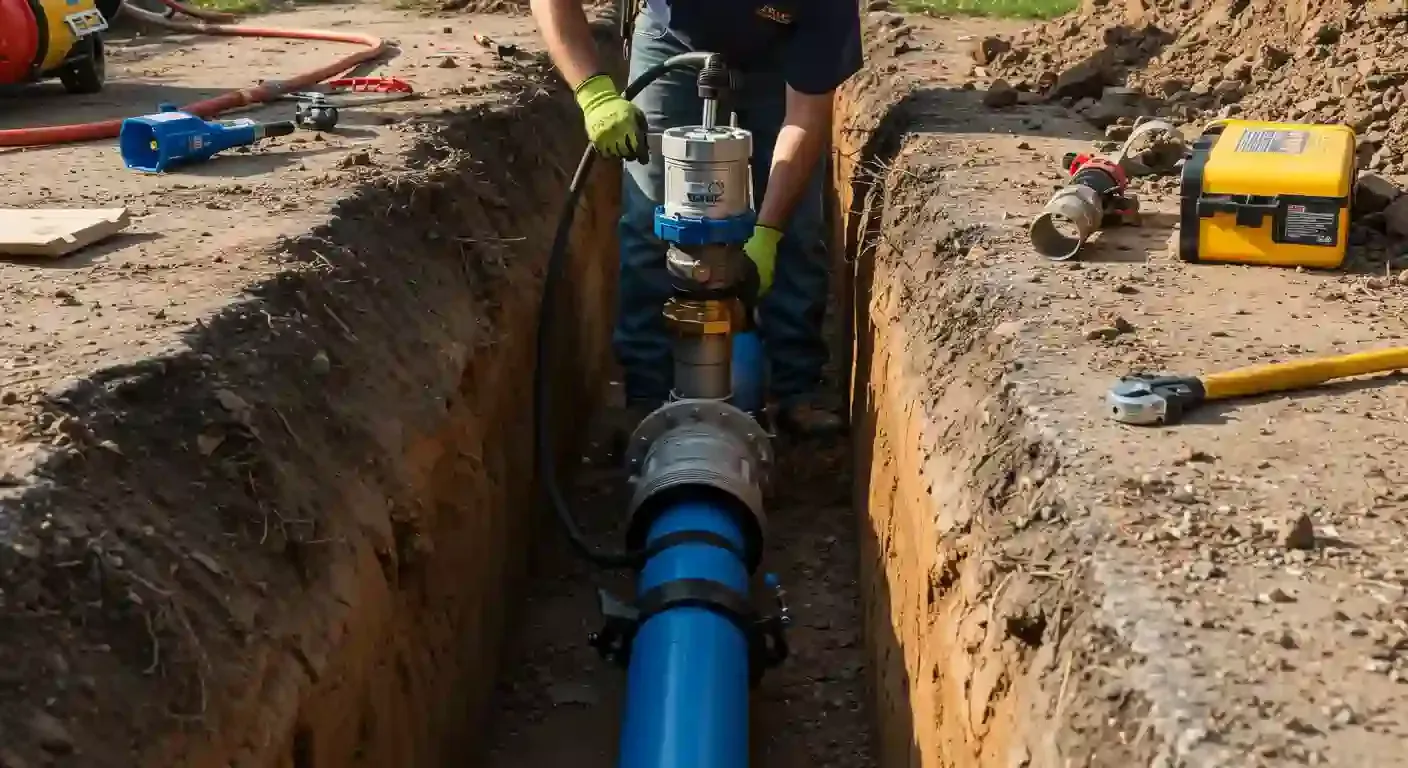 Electrician using a multimeter to test wiring in a control panel.