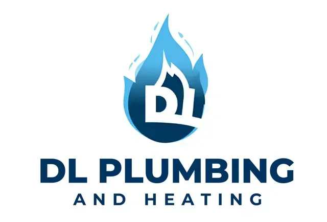 Logo for DL Plumbing and Heating. Blue flame graphic with white 