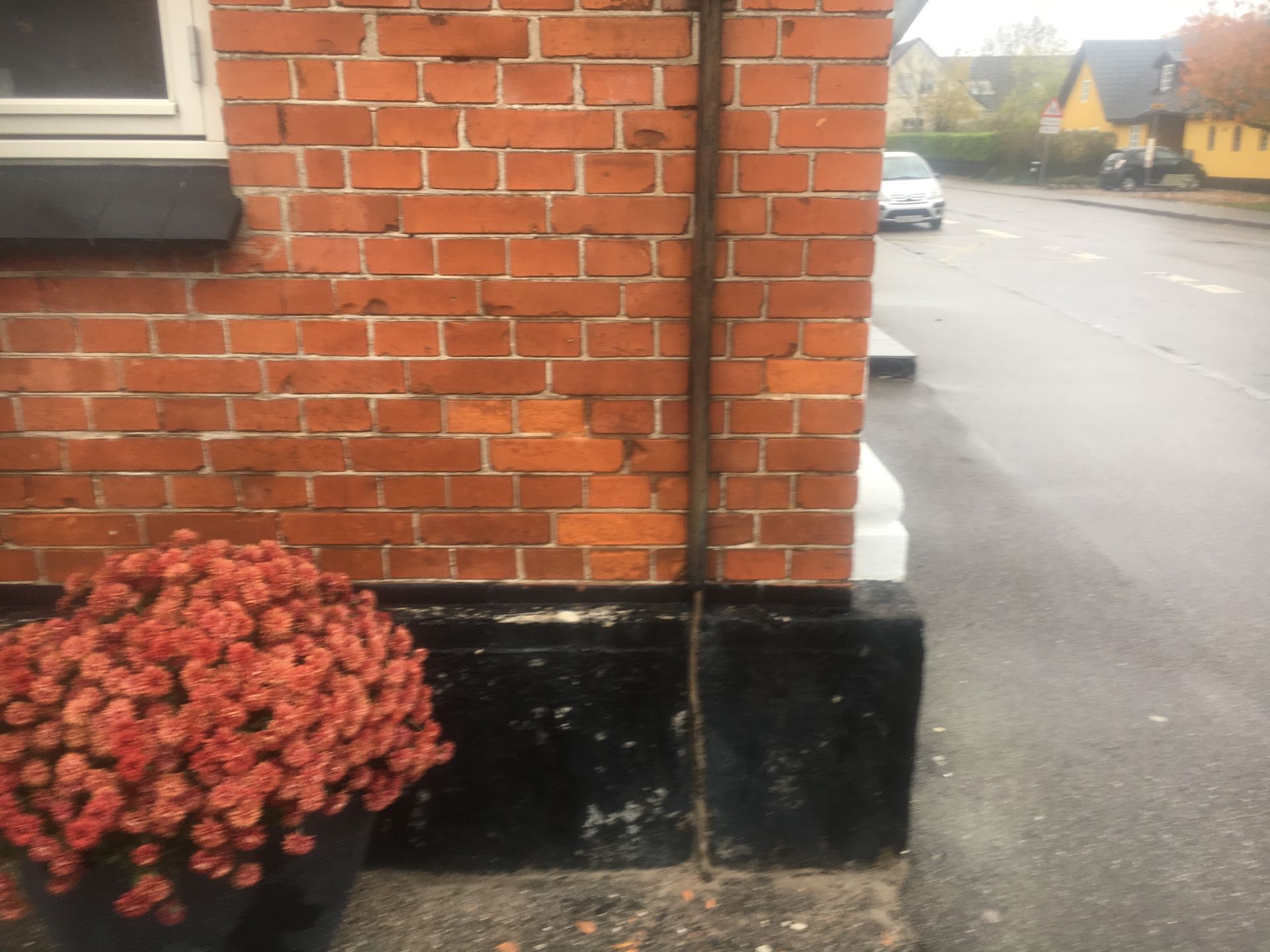 En murstensbygning med en potteplante foran