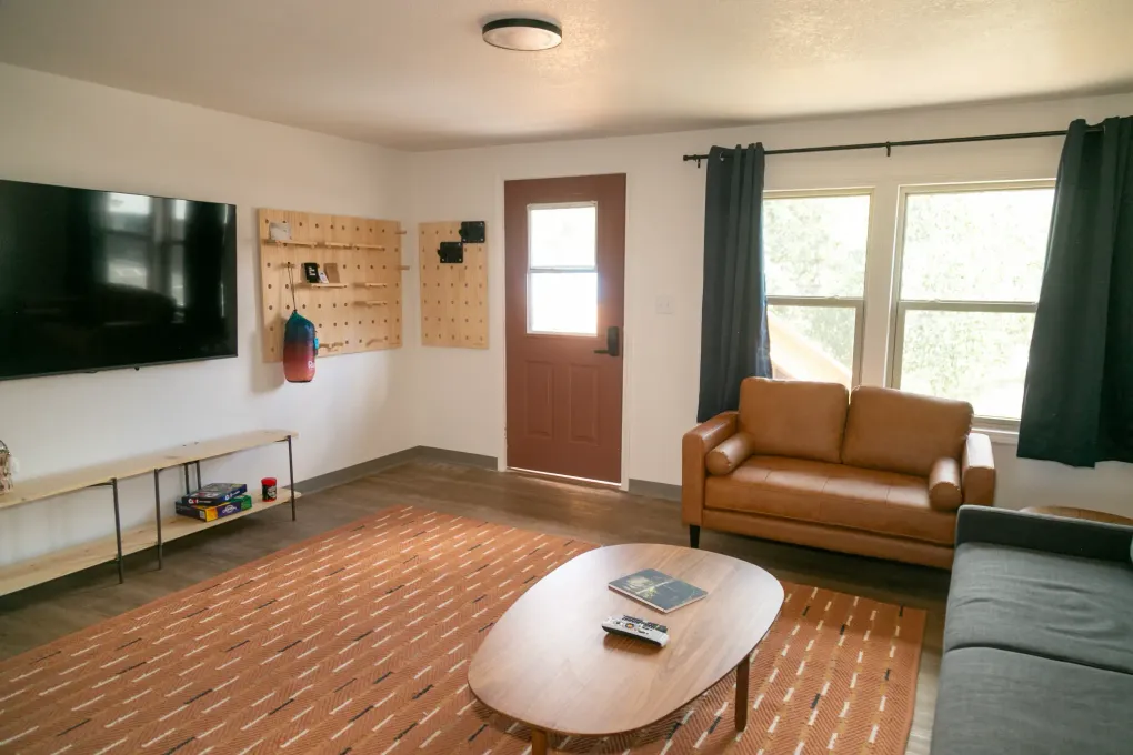 Empty living room with TV, brown sofa, coffee table, windows, and patterned rug