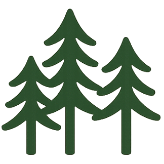 Three green pine trees, overlapping on a white background.