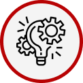 A lightbulb icon combined with two gears, symbolizing innovation or technical problem-solving, inside a red circle.