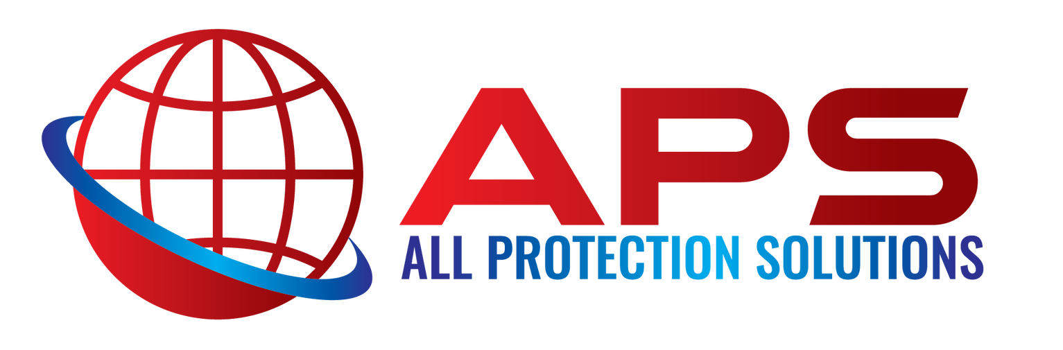 Logo for All Protection Solutions featuring a circular globe emblem and red text next to blue text.