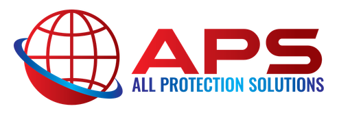 Logo for All Protection Solutions featuring a circular globe emblem and red text next to blue text.