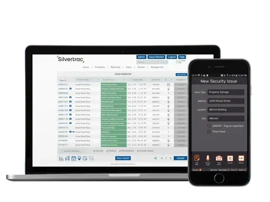 Laptop and smartphone showing a security dashboard and app interface
