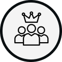 A line art icon inside a circle showing three stylized people with the middle person wearing a crown.