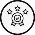 Achievement badge with three stars and a checkmark inside a circular outline