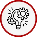 Red circle with a black lightbulb and gears icon inside