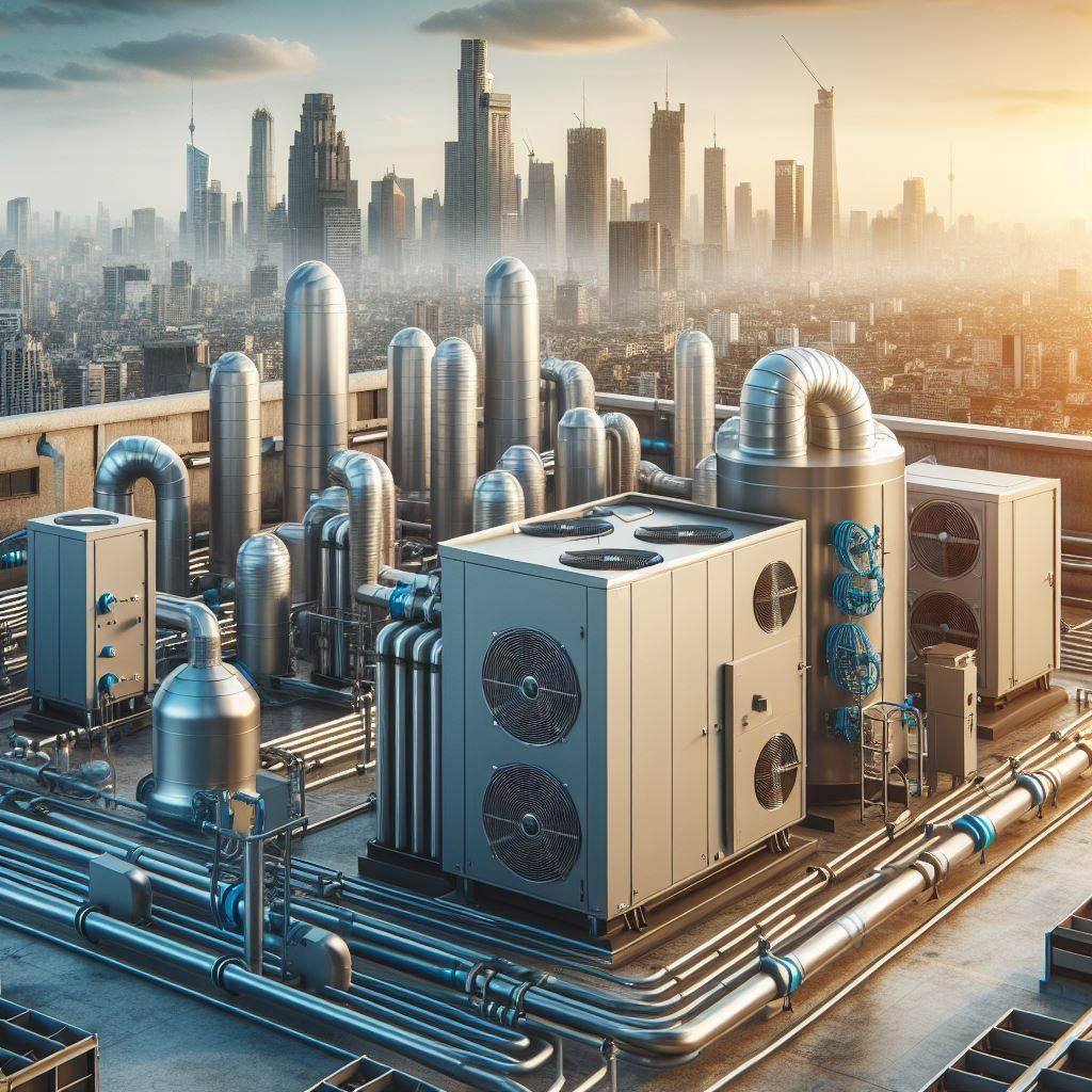 An aerial view of a factory's roof top HVAC system with a city skyline in the background.