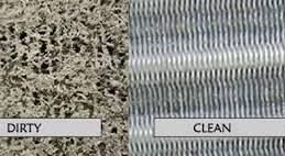 A picture of a dirty condenser coil  and a clean condenser coil.