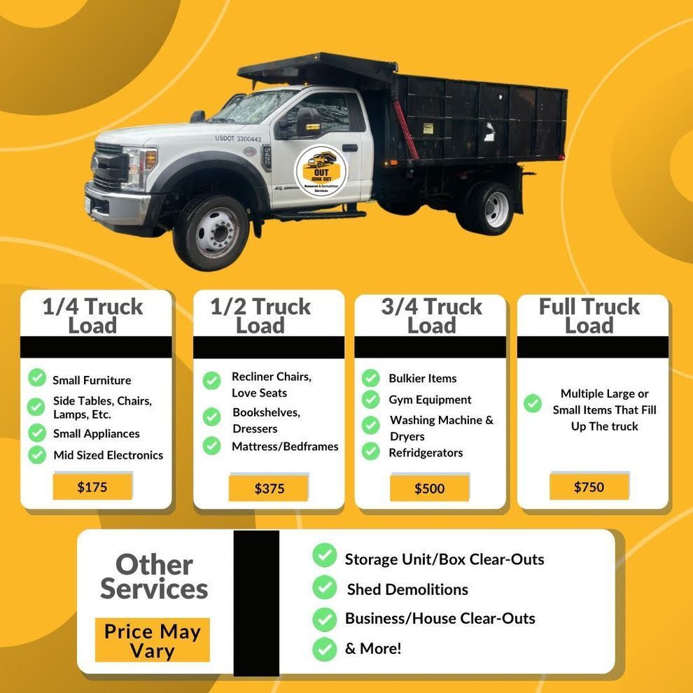 a flyer for a dump truck that says 1/4 truck load 1/2 truck load 3/4 truck load other services price may vary