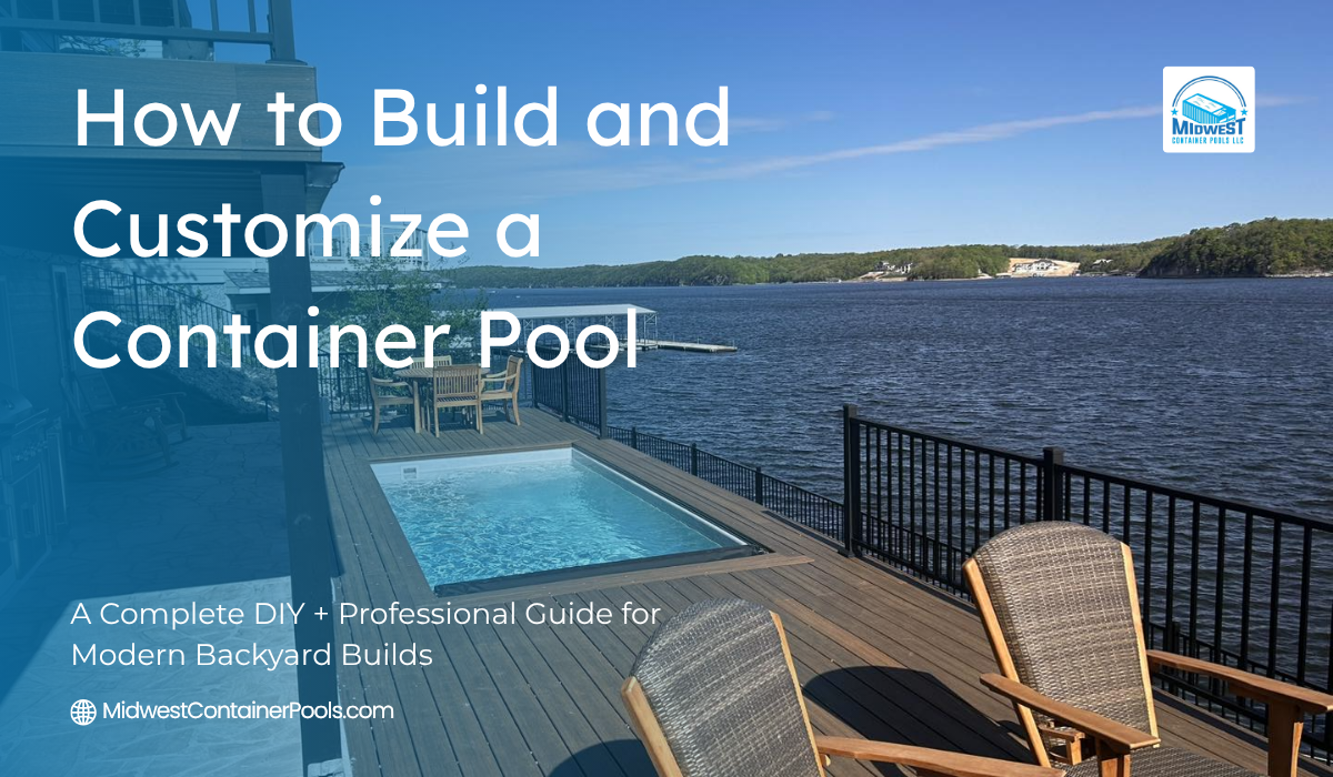 A container pool on a wooden deck overlooking a lake with text