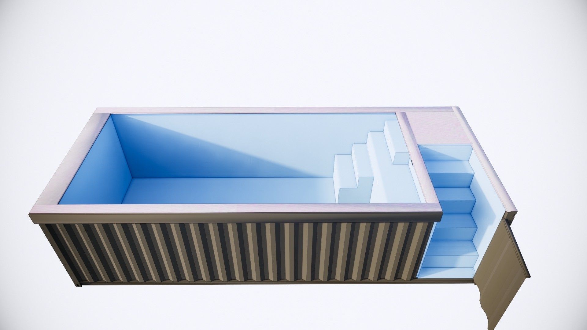 A 3d model of a shipping container swimming pool with stairs.